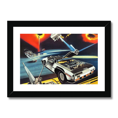 A framed picture of many futuristic vehicles, the car is a flying machine with a rocket