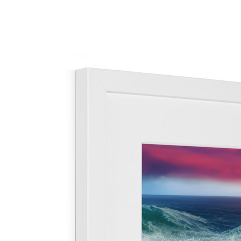 A photo frame containing a red and white photo of an imac on it's frame