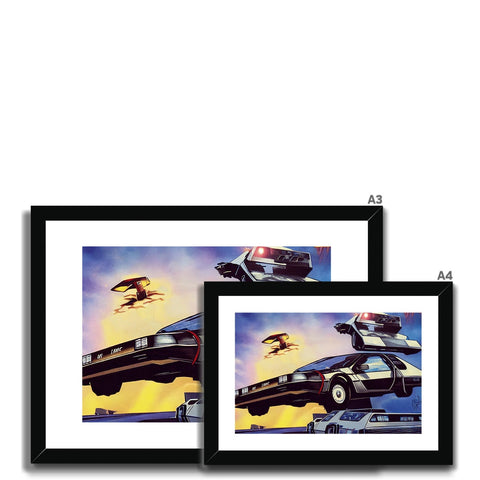 A frame containing photos of flying vehicles, vehicles and people.
