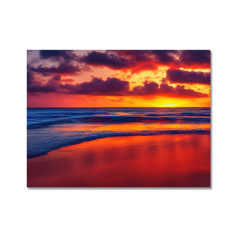 An outdoor art print depicting a sunset on a grassy green beach next to two palm