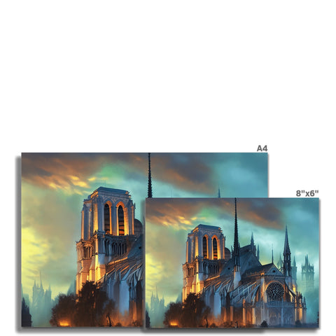 a lit up picture of a tall cathedral with a roof and it has a couple of