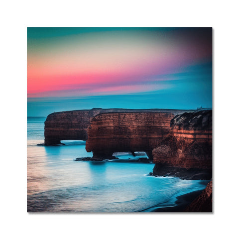 Art print hanging on a wooden wall beside a river and cliff.