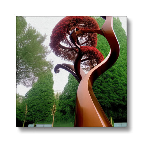 A large metal sculpture decorated with art prints in a brown wall beside a beautiful park