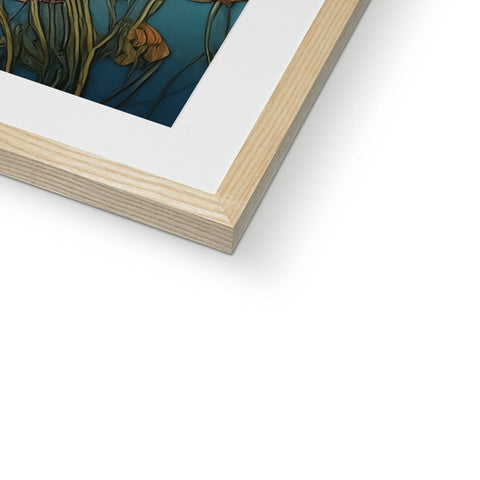 Art prints on a wooden frame sitting on a tray in a room.