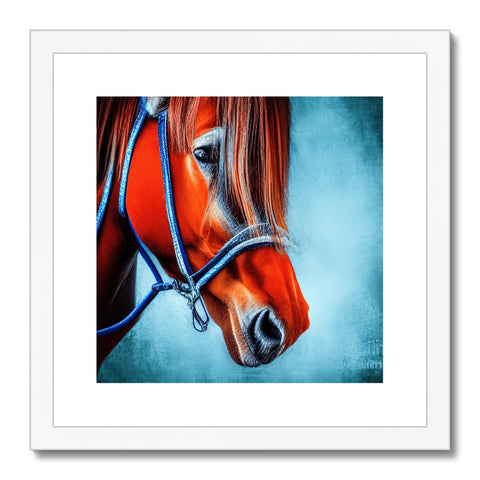 A horse hangs in a large, blue, white and black framed photograph