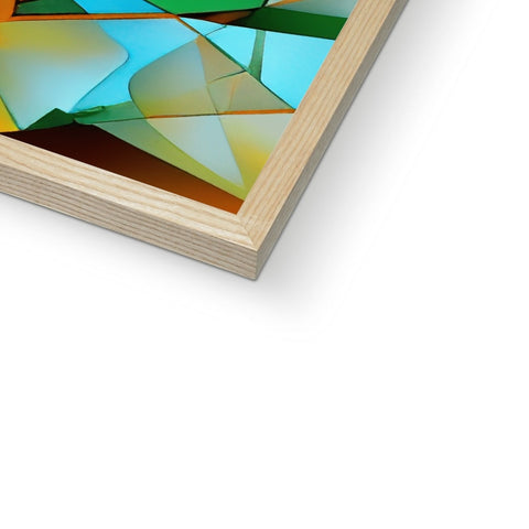 A stained-glass picture frame with a frame made from wood, on a table.