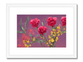 An  art print of a flower arrangement that has pink roses against white background and red