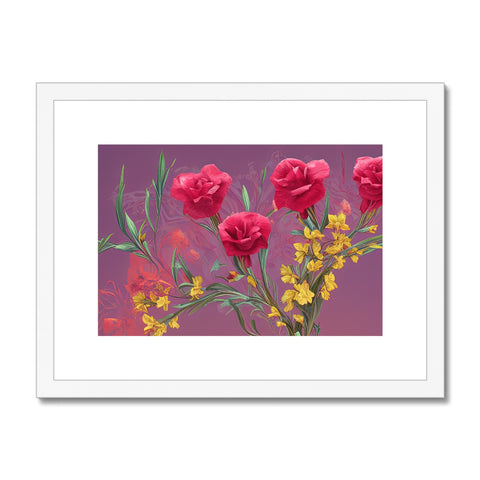 An  art print of a flower arrangement that has pink roses against white background and red
