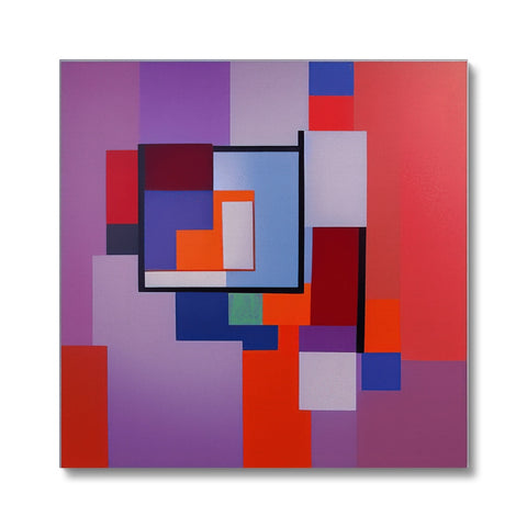 A red and blue painting with purple circles and purple and white squares.
