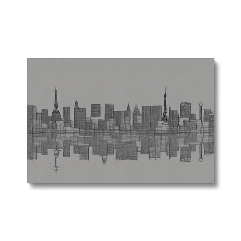 An art print of the city skyline on a ceramic tile