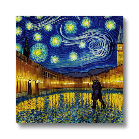 An a painting with a night scene of a sky and stars on a wall.