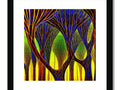 Art print on a wooden frame is of trees with branches surrounded by a large tree.