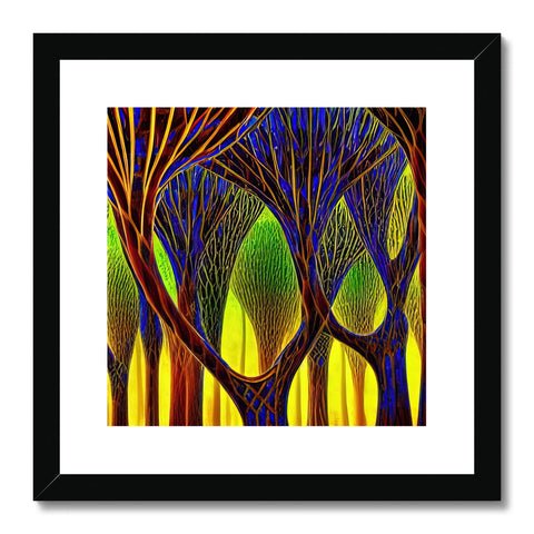 Art print on a wooden frame is of trees with branches surrounded by a large tree.