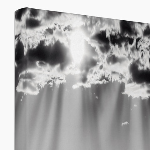 A shower curtain with a curtain under a light blue background with a picture of clouds outside