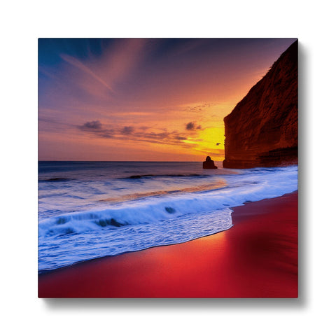 A colorful art print set on a wall on a red beach with colorful ocean background.