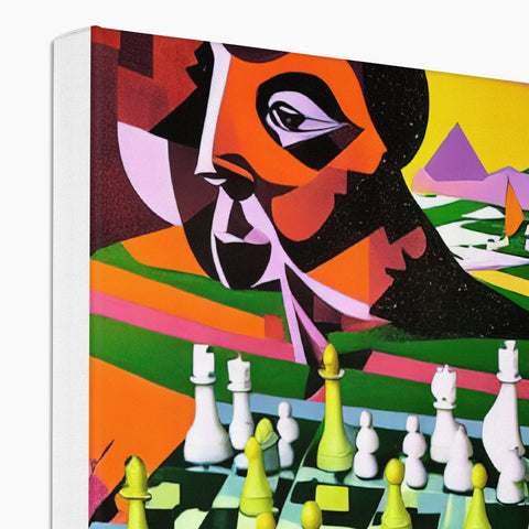 a chess game board with a painting on it sitting on a softcover cover