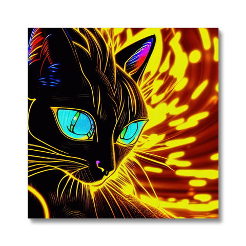 A cat is sitting on an art print that is painted black and orange.