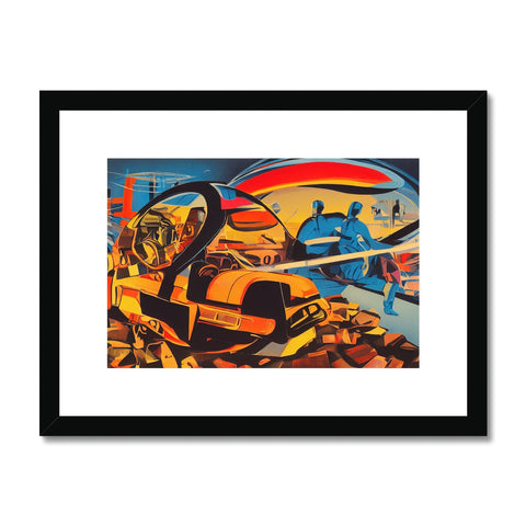 Art print of a surfer landing on surfboards and a surfboard with fins