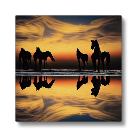 Several pictures of horses on a sandy beach at sunset and grassy fields.