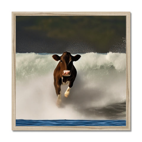 A cow near a beach is surfing in the water.