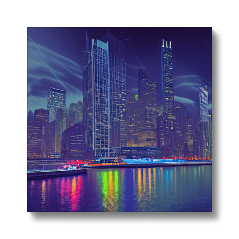 Art print next to a city skyline at night.