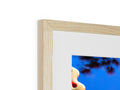 A wooden picture frame with an image of an art painting in a tree next to a