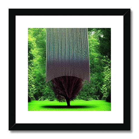 An art print of a tree leaning on grass next to a white house.
