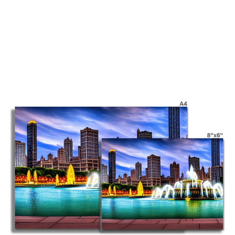 A colorful printed board with an image of Chicago at night on it.