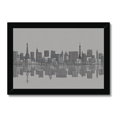 An art print of a skyline view of a city street with buildings and people.