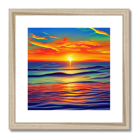 A painting of a picture placed in white background of a sunset on a beach.