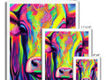 A group of cows with faces staring at a picture on a card.