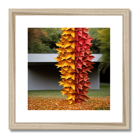 An art print with fall foliage on paper made from white sticks.