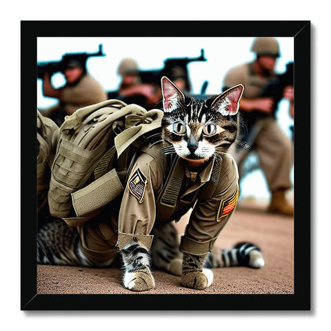 A kitty standing in front of a photo of soldiers in uniform.