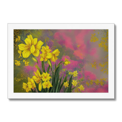 A flower printed artwork printed on a card with several large bouquets of daff