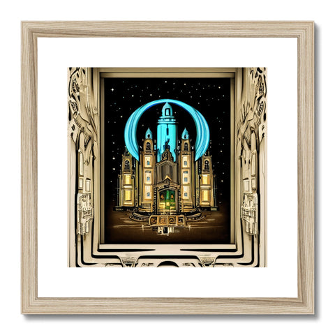 A square clock glass picture of a cathedral on a wall.