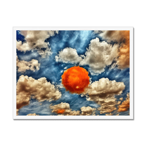 Art print with red and orange on a wall with a sunset in the background.