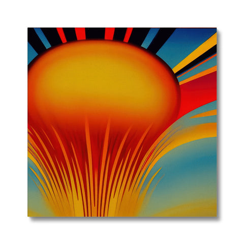 a sunset with a colorful sunburst painting on top of a white backdrop