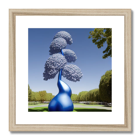 Art print of a blue cloud that is hanging on a tree branch on a wooden display