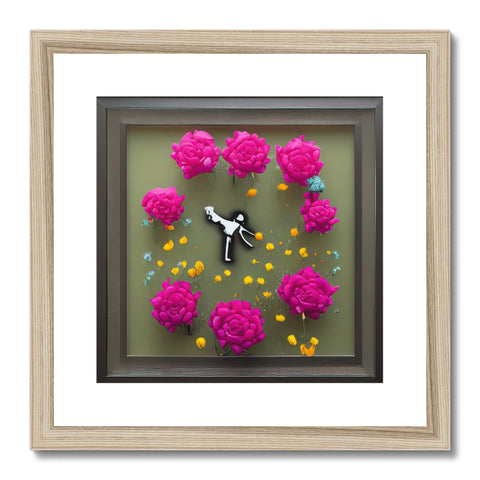 A cute clock frame and a colorful picture in the frame on a wall.