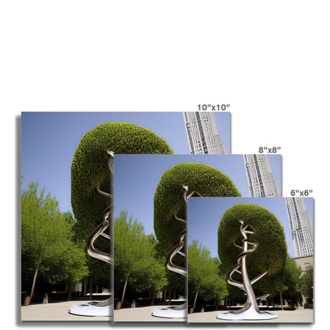 A photo frame with trees in a tree with a view of a city skyline near one