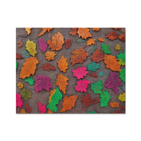 An indoor rug covered in colorful autumn leaves
