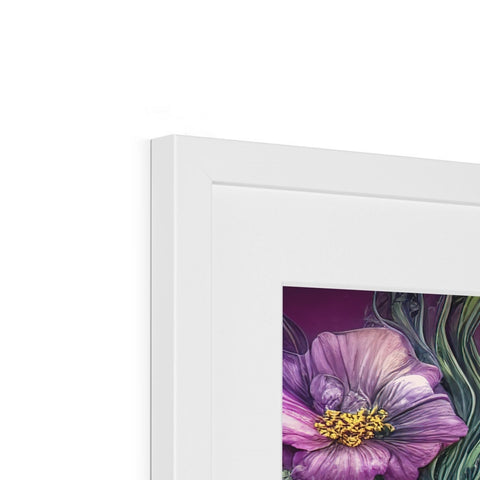 A picture frame has a picture of several flowers and colorful paper on it.