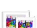 Art prints of colorful images of a city skyline skyline on city walls.