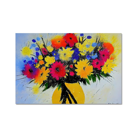 A bouquet of roses, blue, yellow and pink flowers on an  art print