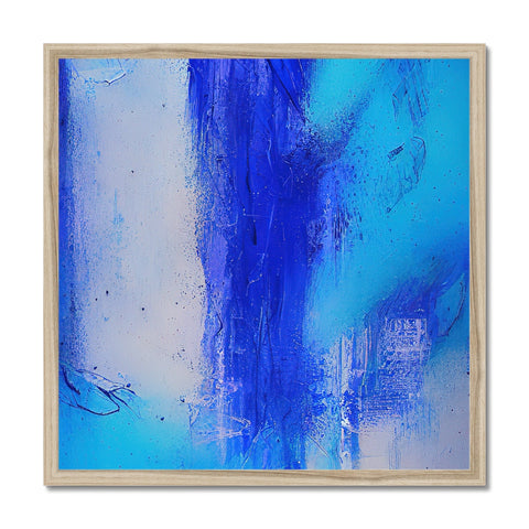 A blue painting on a wall mounted on a metal frame.