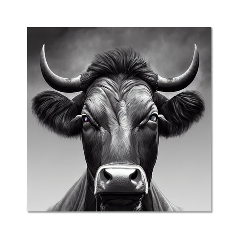 The black and white image of a black bull with a horn.