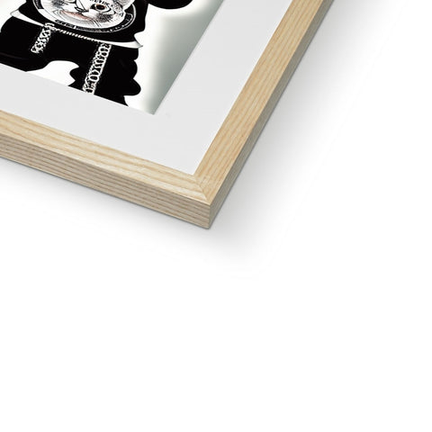 A wooden picture frame holding white and black photography of a picture on it.