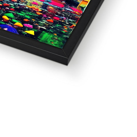 A large picture of a picture frame filled with colorful framed art on various computer monitors.