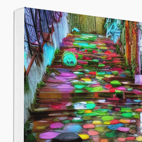 A tile floor covered with colorful graffiti spray filled with various images.
