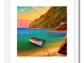 Art print of two sailboats going to the ocean while sunrays set in the sky